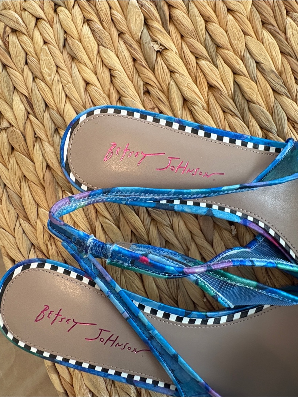 Betsey Johnson Blue Slingback Pointed-Toe Kitten Heel w/ Green Floral Appliqués - Picture 3 of 4
